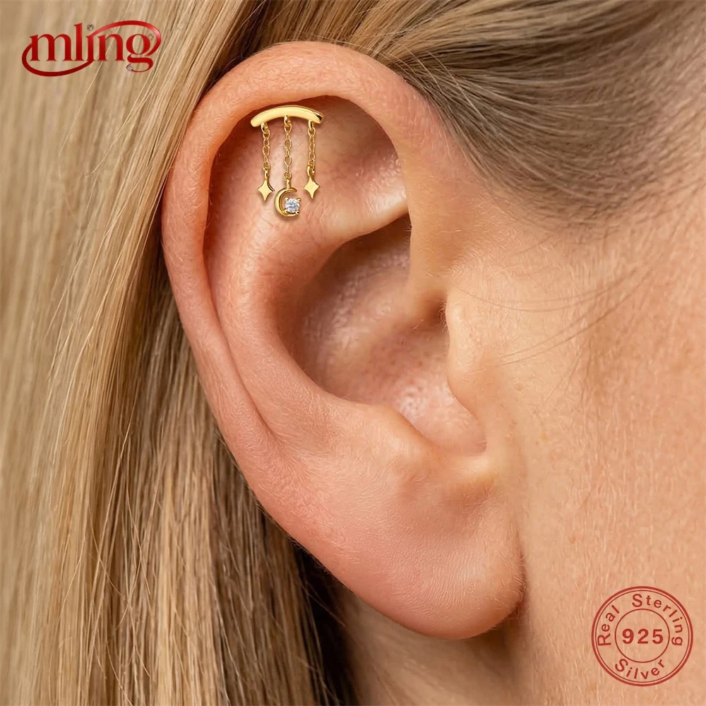 

MLING 1PC Tassel Chain Smooth Four-pointed Star Moon Flat Head Threaded Piercing Earring For Women 18K Gold Plated Ear Bone Gift