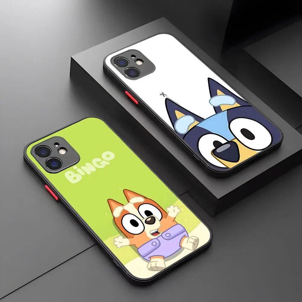 Funda de Teléfono con Diseño de Dibujos Animados B-BlueyES para iPhone 17 16 15 14 13 12 Pro Max Xr Air Plus Mini, Carcasa Rígida Negra con Tacto de Piel