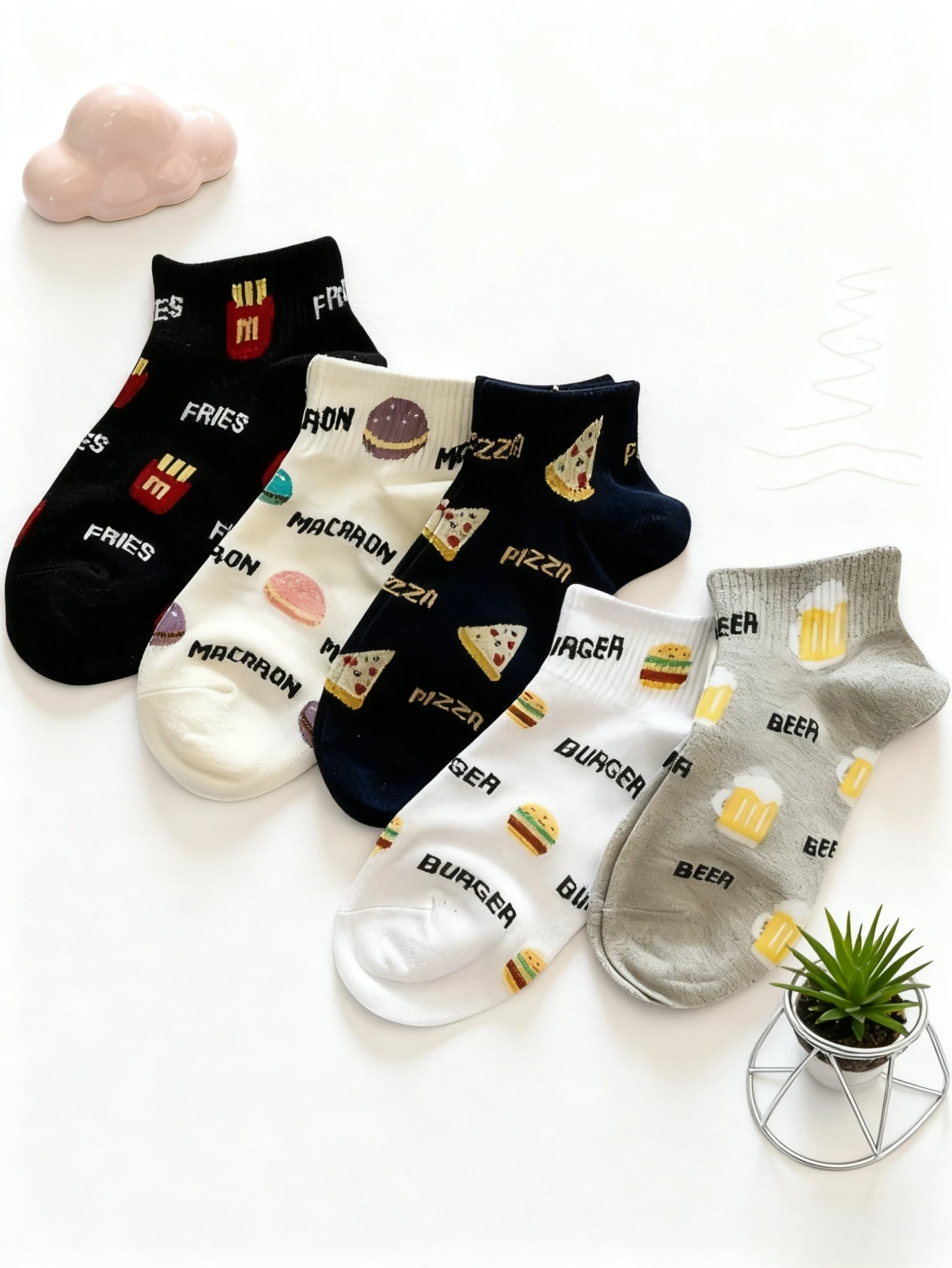 3/5 Paar süße Damen-Socken mit Motiven von Hamburger, Pizza und Pommes, süße Mädchen-Knöchelsocken, dünne, atmungsaktive Socken für Frühling, Sommer und Herbst, Freizeitsocken, Sportsocken, vielseitige Socken, Studentensocken, geeignet für den täglichen Gebrauch. – Detail 1