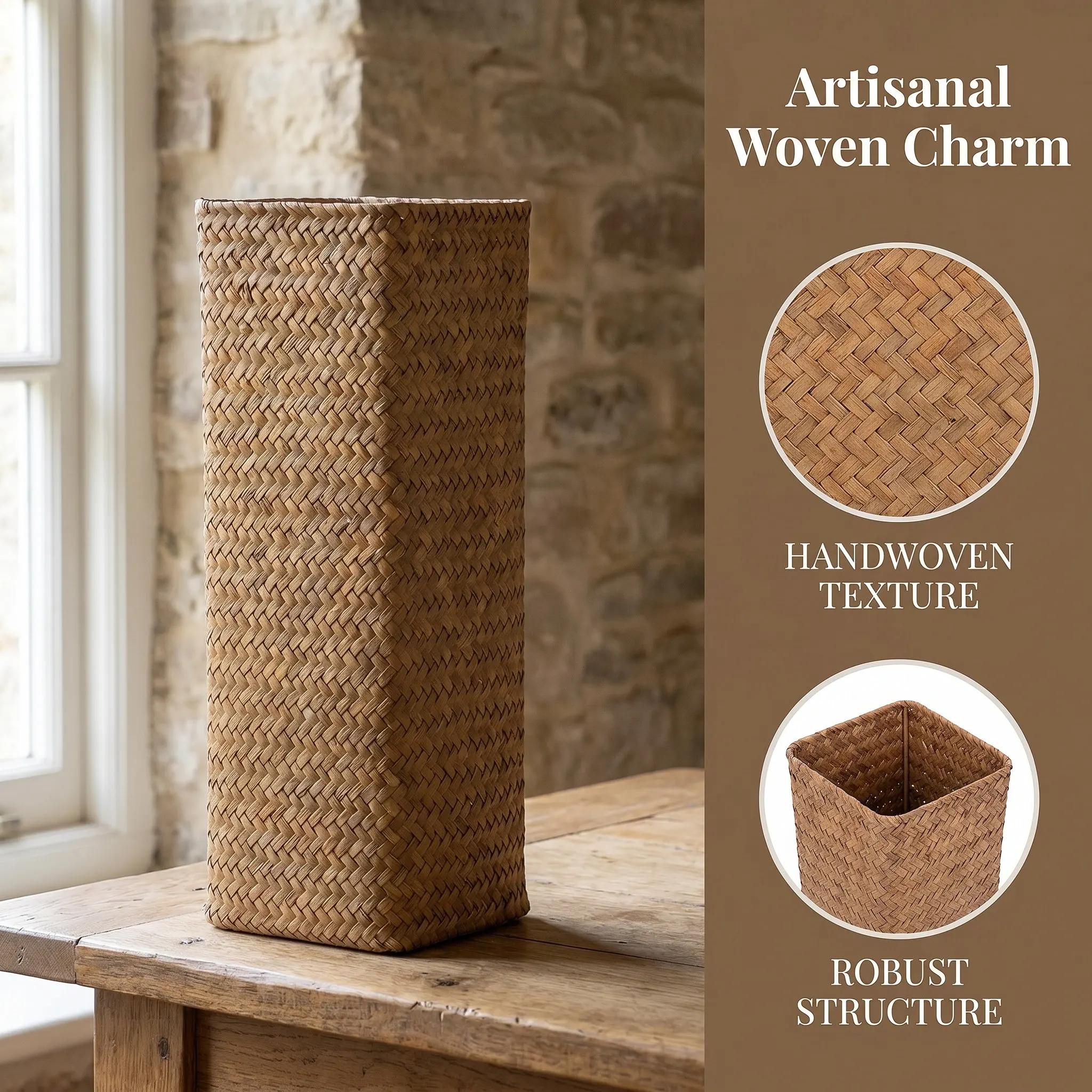 Natural Seaweed Weave Basket Vintage European Pen Holder Decorative Flower Pot Rustic Dried Flower Vase Office Home Decoration
