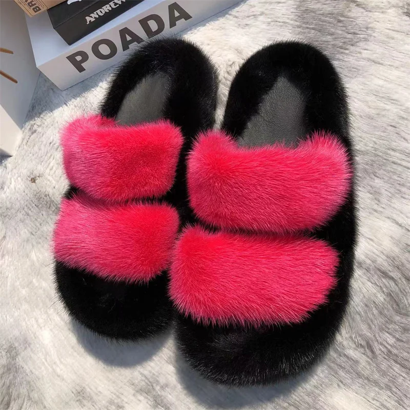 Fashion Mink Fur Slippers Designer Shoes Slippers For Women Outdoor 2024 New Autumn All-Match Korean Cute Fluffy Mink Slippers