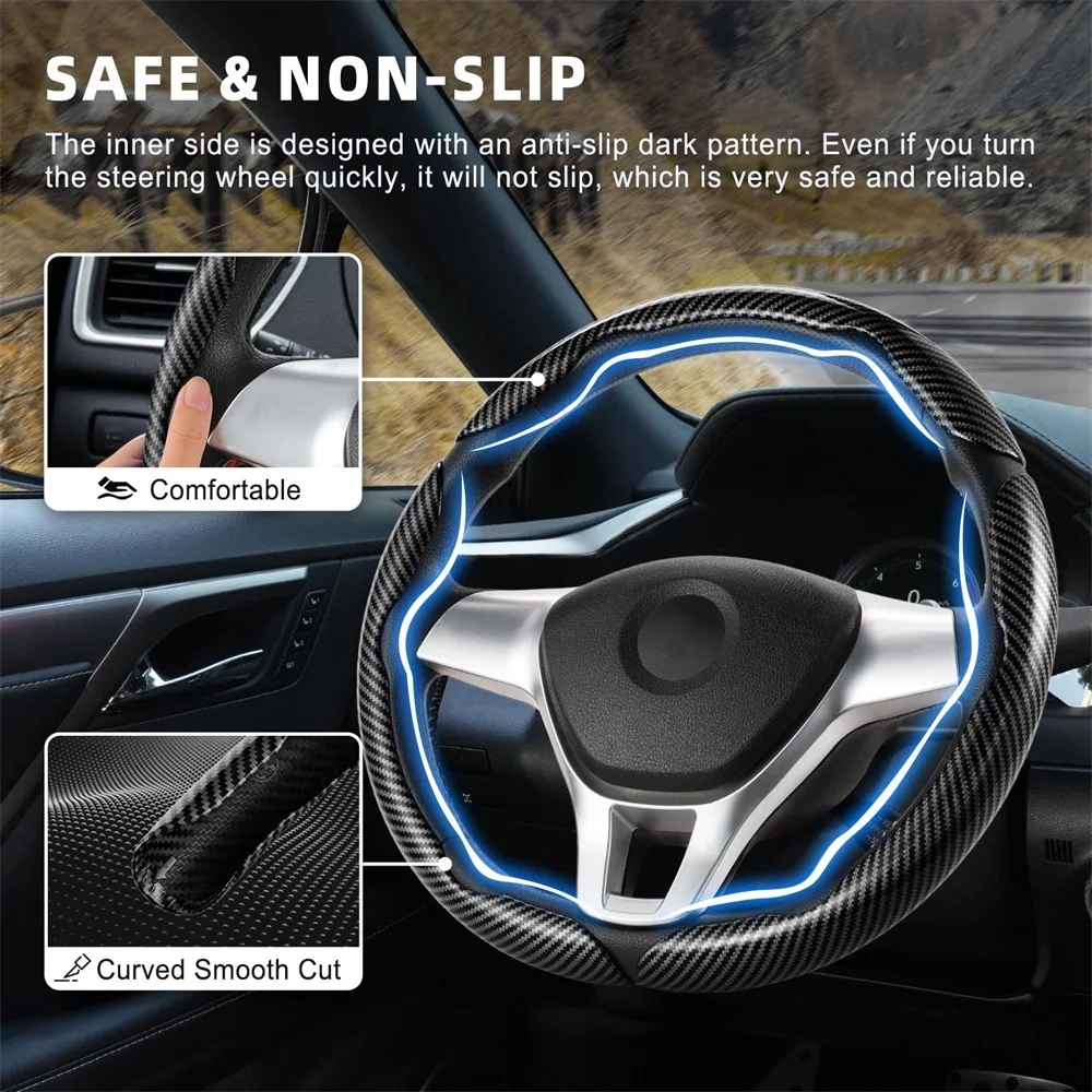 Carbon Fiber Steering Wheel Cover 3PCS Set Anti-Slip Scratch-Resistant Universal Premium Durable for 14-16 Inch Car SUV Truck