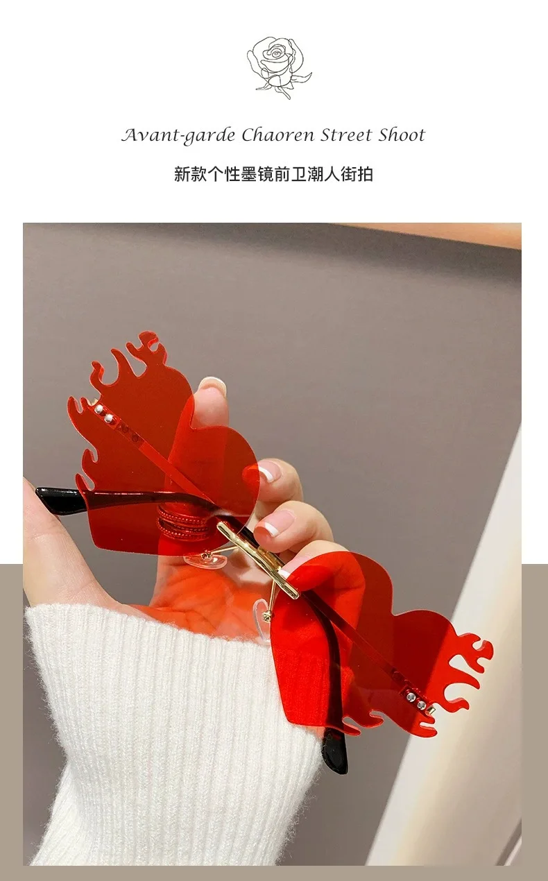 Neue Randlose Herz-Sonnenbrille mit Metallrahmen für Damen und Herren, Flammen-Sonnenbrillen für Frauen und Männer, Party- und Reisebrillen – Detail 5