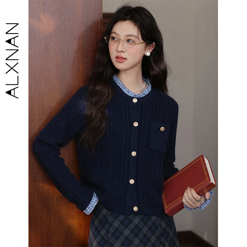 

ALXNAN женские свитера из двух частей с цветными блоками в стиле пэчворк, кардиган с карманами на пуговицах, повседневный универсальный трикотаж в стиле ретро L58661