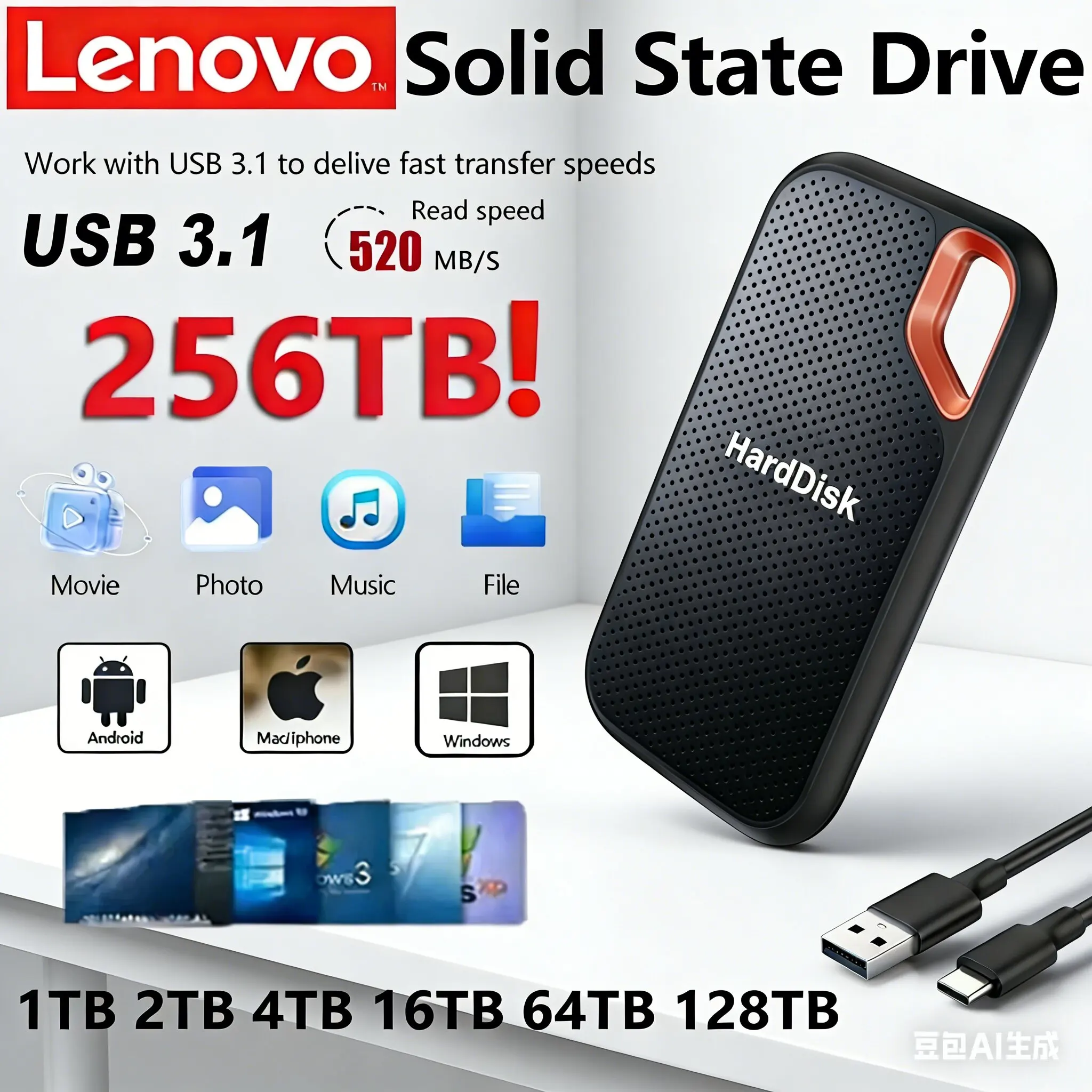

Внешний твердотельный накопитель Lenovo E60 (SSD) 2 ТБ, 6 ТБ, 8 ТБ, 128 ТБ, USB 3.1 для ноутбуков, PS5, мобильных устройств, HDD-накопитель, устройство хранения данных