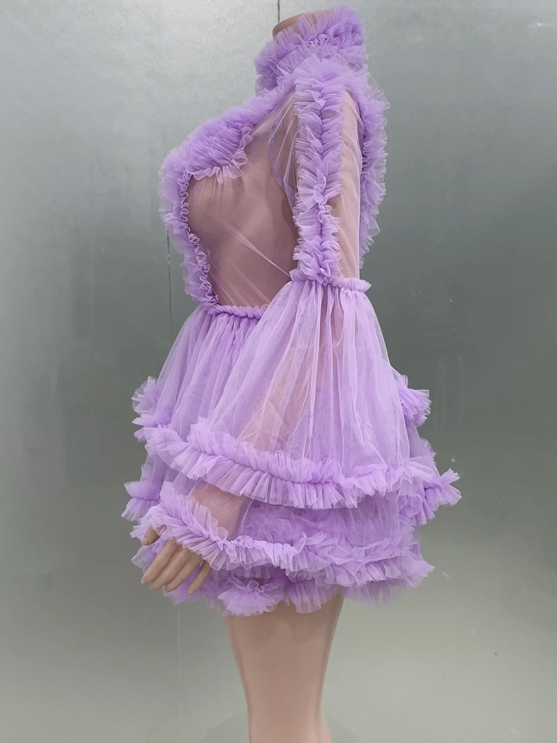 Purple Color Women Sexy  Puff Sleeve Mesh Ruffles Mini Dress Birthday Celebrate Party Girls' Photo Shoot Wear Vestido