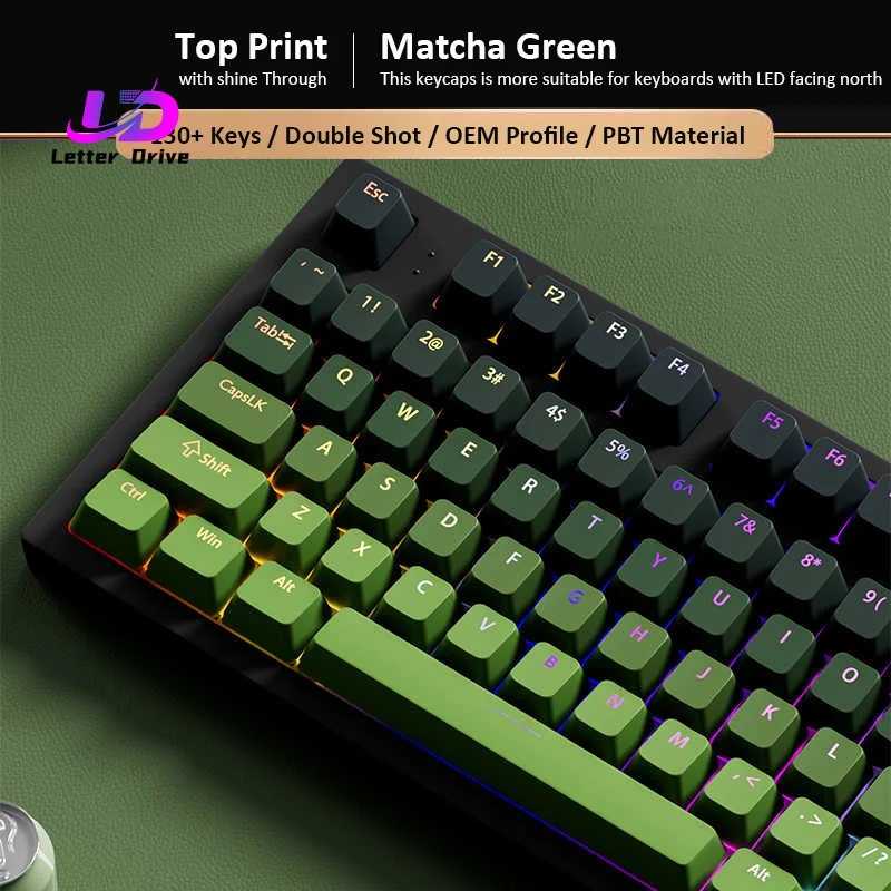 130+ Tasten Matcha-Grüne Double-Shot PBT Keycaps mit Durchschein-Effekt, OEM-Profil für Cherry MX Switches Gaming-Tastaturen