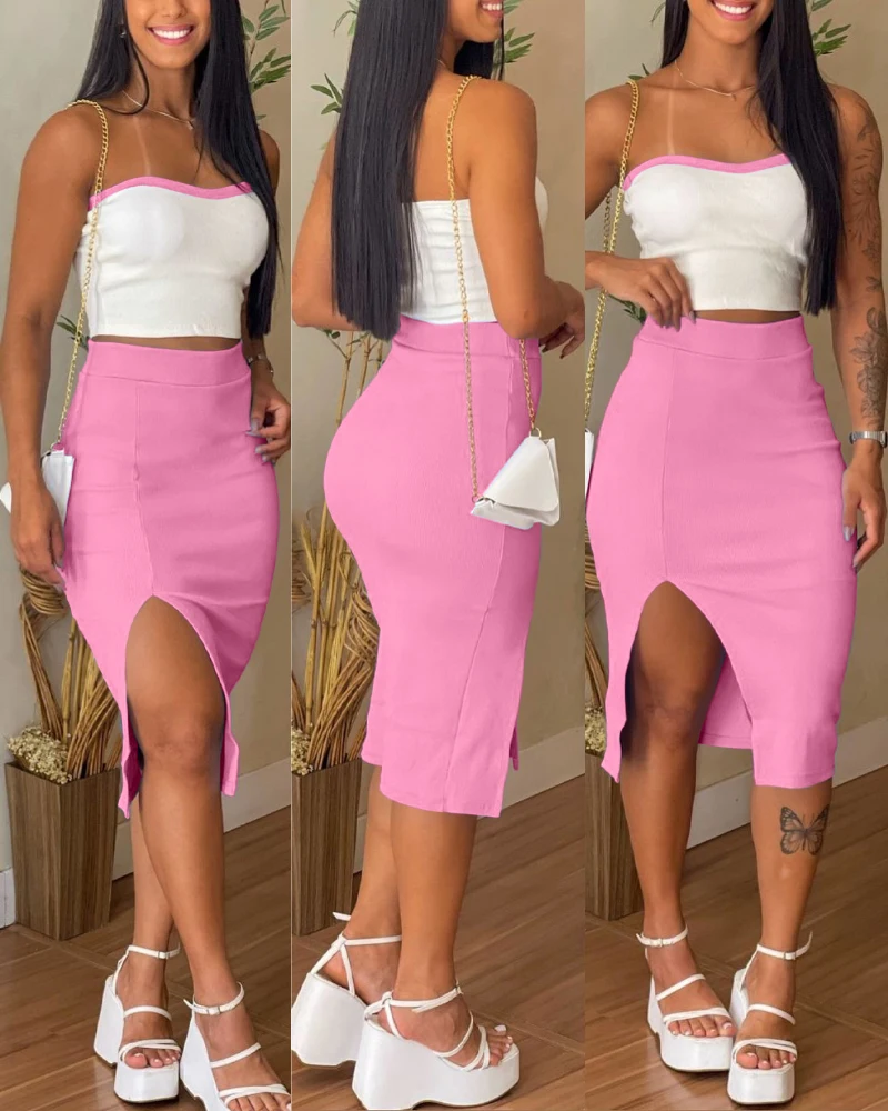 Women's Two Piece Casual Summer Fashion Sweet Solid Color Ribbed Skinny Bandeau Crop Tops and High Waist Slit Midi Skirt Set