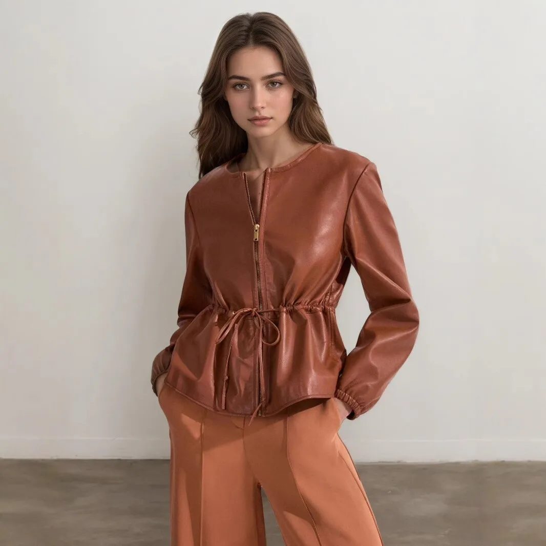 

Casual Fashion Zipper PU Leather Jacket Top Loose Fit Youth Long Sleeve round Neck Coat Outerwear for Autumn Season