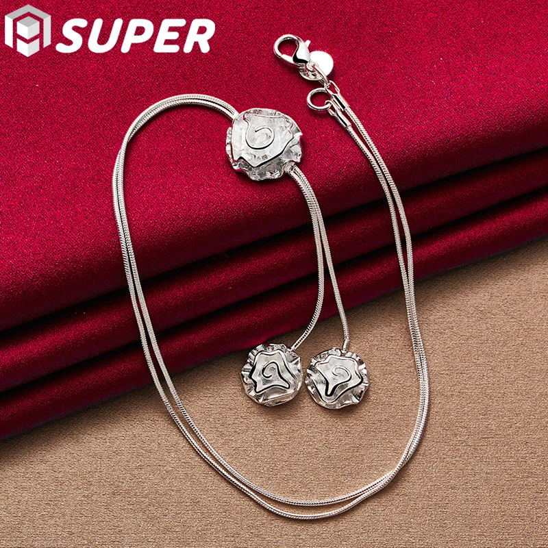 

925 Sterling Silver Three Rose Flower Pendant Necklace 20 Inch Snake Chain For Women Fashion Wedding Charm Jewelry