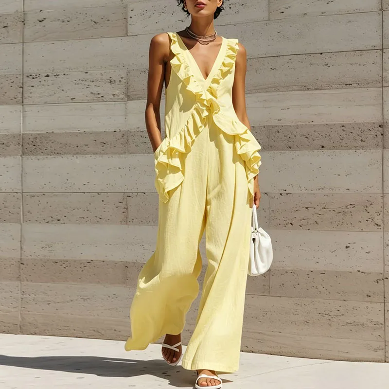 Trendy Solid Backless Loose Jumpsuit Lady Elegant 3d Ruffled Sleeveless Beach Playsuit Casual Deep V-Neck Shoulder Length Romper view 5