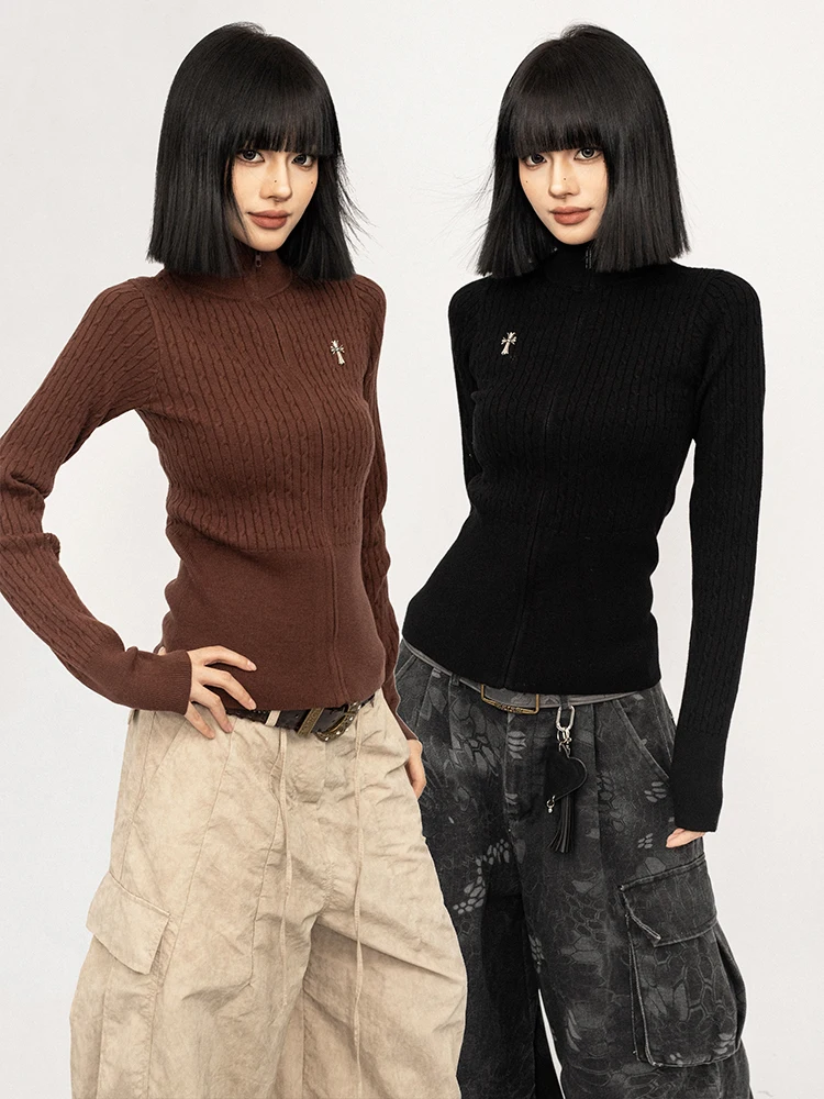 

OCTTFLAB Американский ретро-свитер с высоким воротником на молнии, вязаный, женский, осенне-зимний, с длинным рукавом, облегающий базовый слой, топ в стиле Spicy Girl