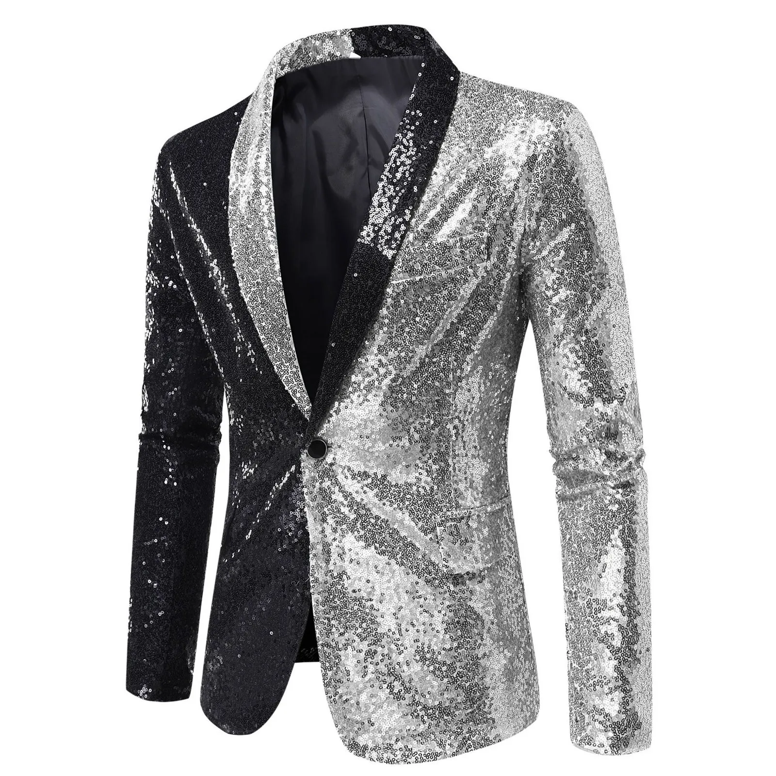 

Mens Shiny Sequin Blazer Slim Fit One Button Suit Jacket Party Prom Dress Patchwork Color Stage Costume Clubwear Suit Coat Top