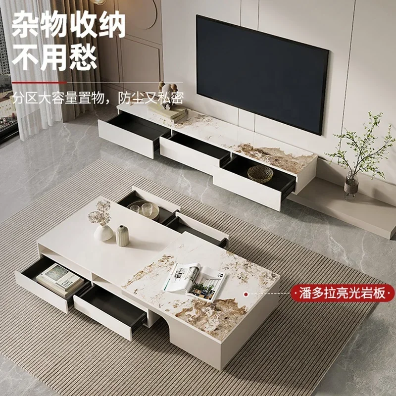 Nordic new rock plate tea table TV cabinet combination luxury living room retractable tea table