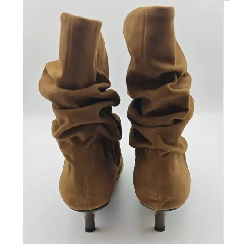 Eilyken Winter Pleated Knee High Boots Women Retro Pointed Toe Kitten Heels Boots Designer Comfortable Light Botas Mujer image 5