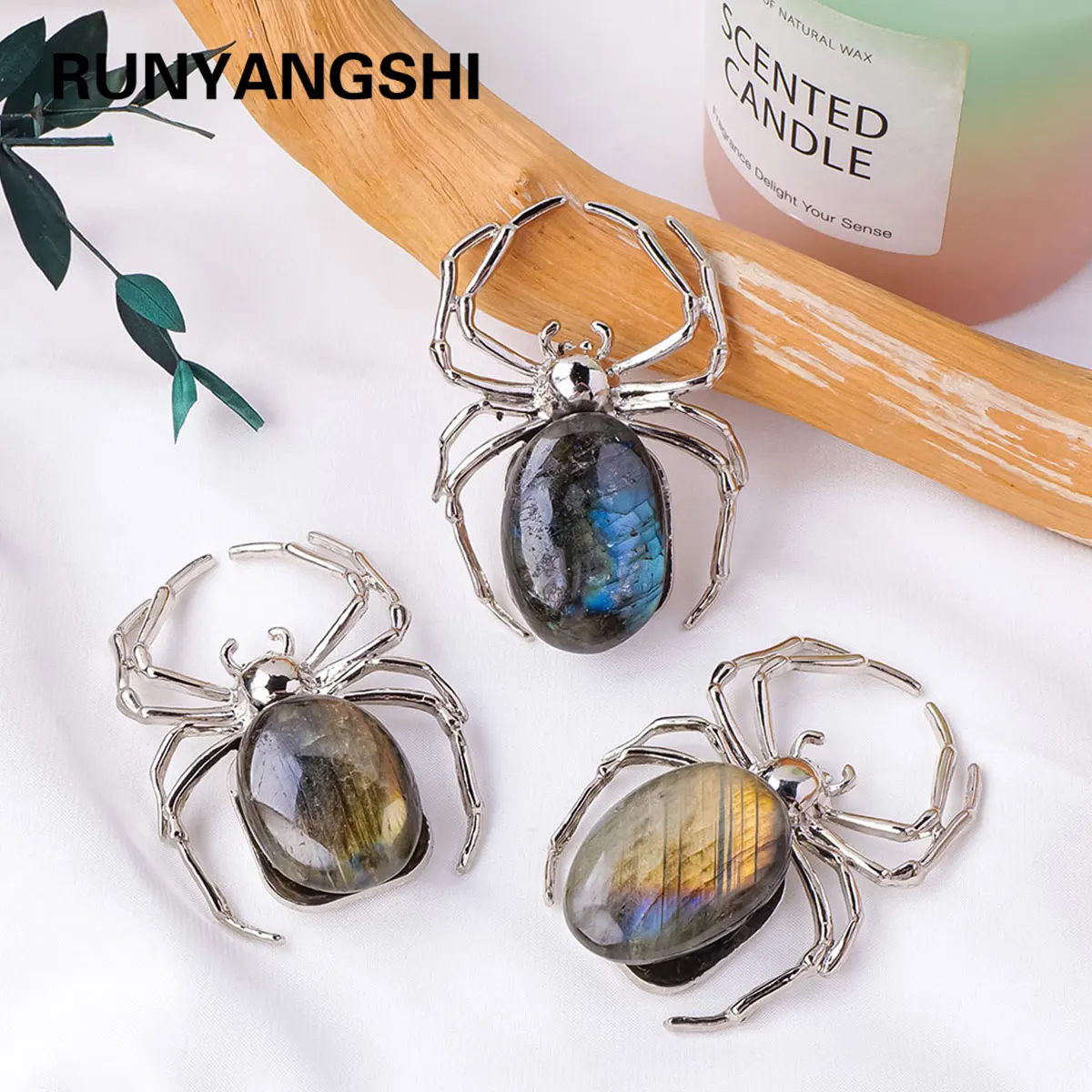 1PC Natural Healing Gemstone Irregular Raw Stone Labradorite DIY Spider Animal Metal DIY Decorative Ornaments