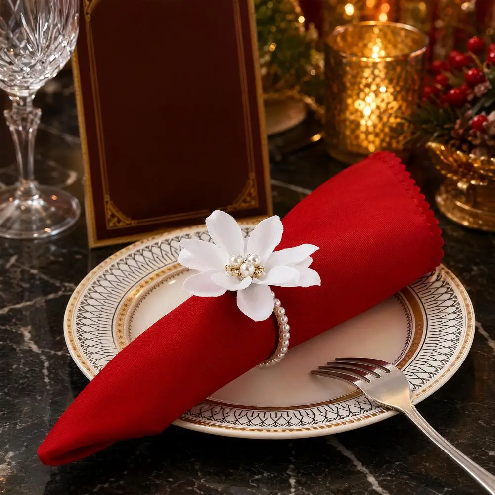 Luxury Table Decor 6pcs White Lotus Napkin Rings Chiffon Flower Table Decor Faux Pearl Dinner Holders for Wedding Bridal Shower