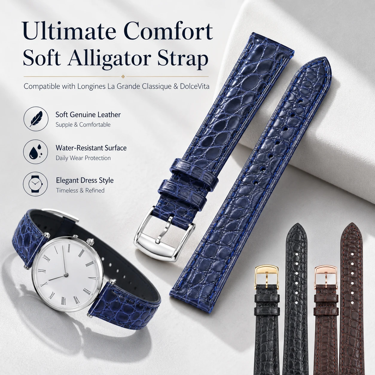 Ultimate Comfort Soft Alligator Strap for Longines Black & Brown Replacement Elegant La Grande Classique & DolceVita Collections