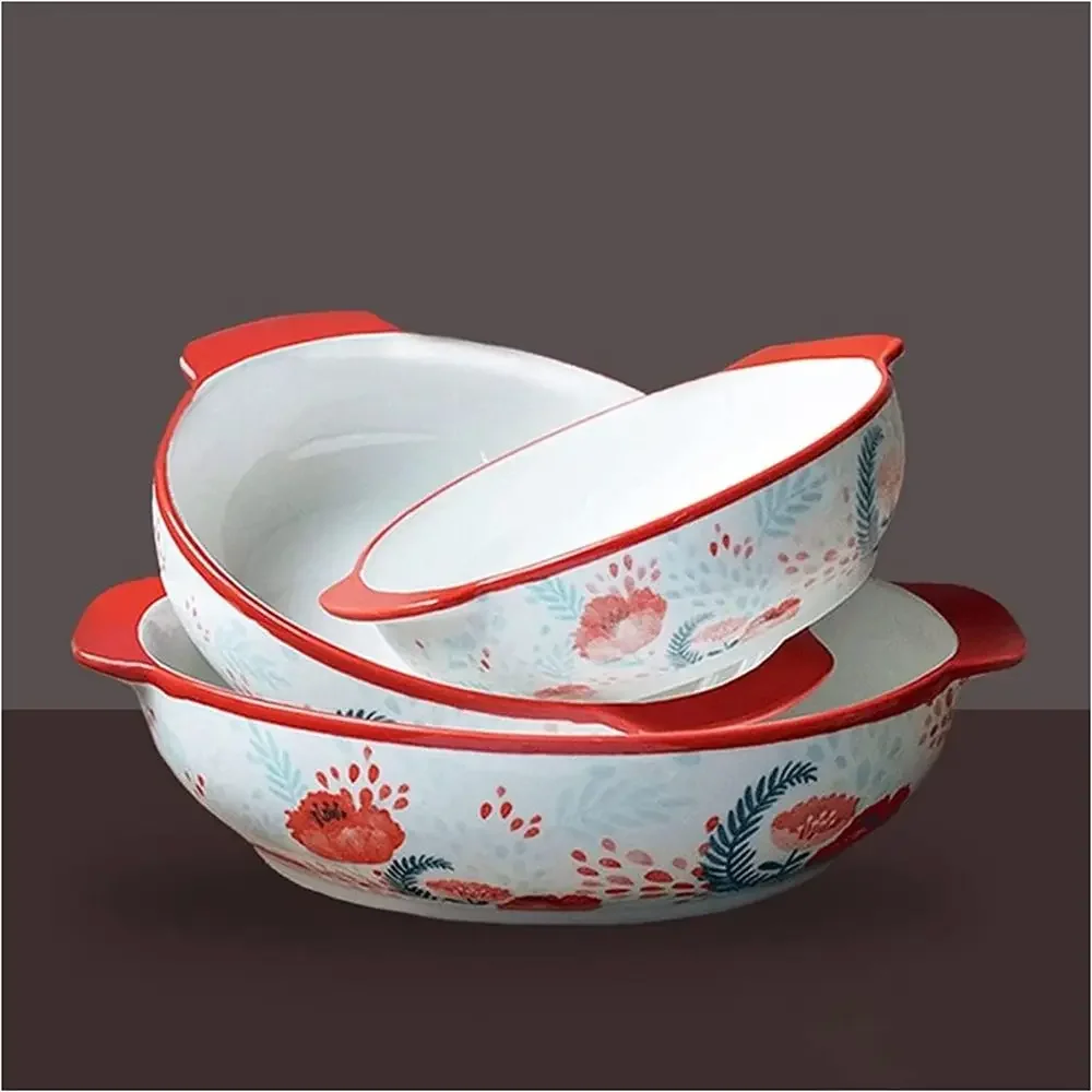 

3-Piece Round Ceramic Casserole Set with Lids and Handles, Baking and Cooking Pans for Kitchen Use