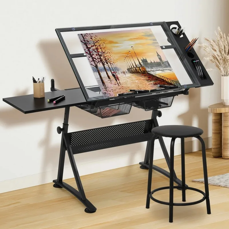 Drawing Table Tempered Glass Drawing Table with Side Panel, Height-Adjustable—Artist and Designer Workstation, and Easel