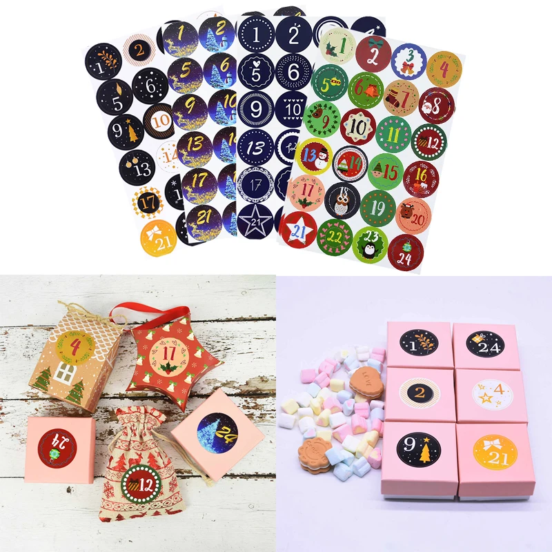 

Multifunctional Christmas Advent Calendar, Sealing Sticker, DIY Candy, Cookie Gift Box, Packing Labels, 1-24 Number, 24Pcs