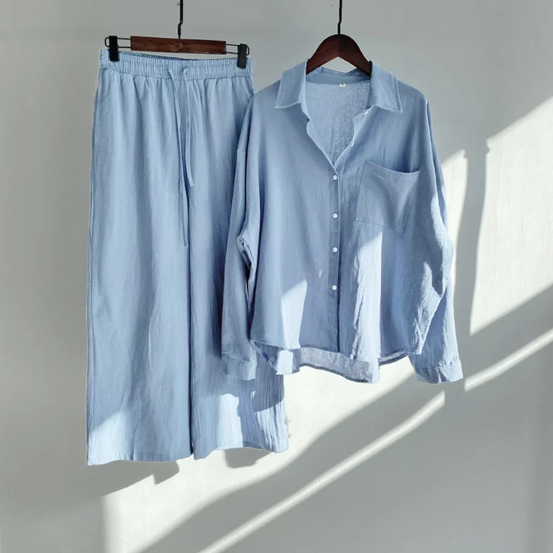 Large Size Two-piece Suit Women Cotton Linen Sets Long-sleeved Blouse Shirt Wide-leg Trousers Spring Summer Loose 2-piece Sets
