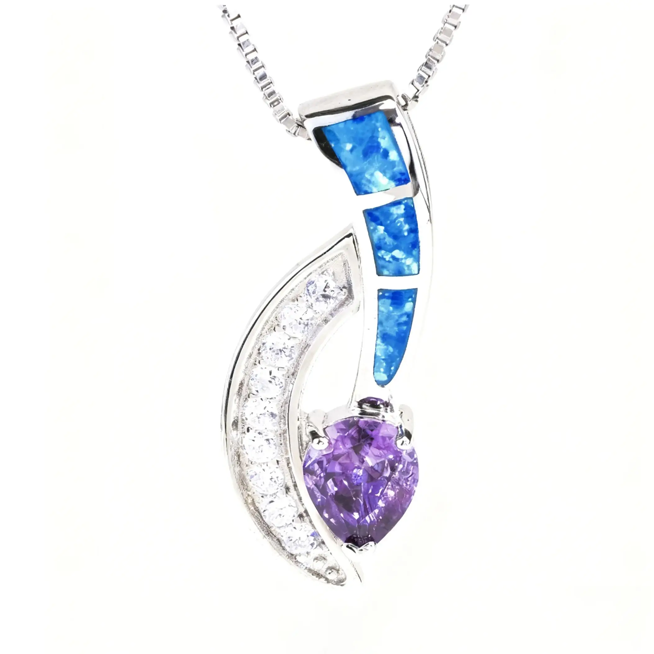 Blue Opal and Purple Heart Pendant Necklace with Zirconia Track, Minimalist Geometric Statement Jewelry, Unique Gift for Women