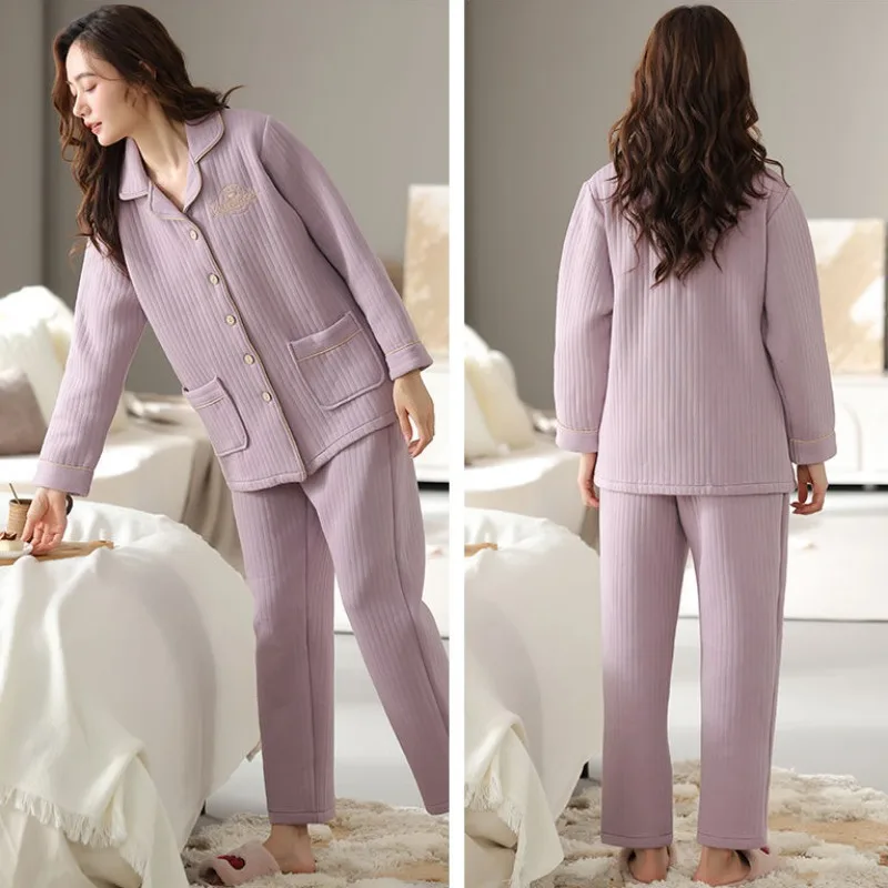 2024 New Autumn Winter Laminated Pajamas Women's Thickened Warm Thin Padded Cotton Sleepwear Plus-size V-neck Loose Homewear