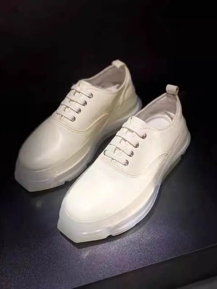 New Mens Breathable Cowskin Genuine Leather Sneakers Transparent Sole Fashion Designer Shoes Lace Up Round Toe Platform Shoes