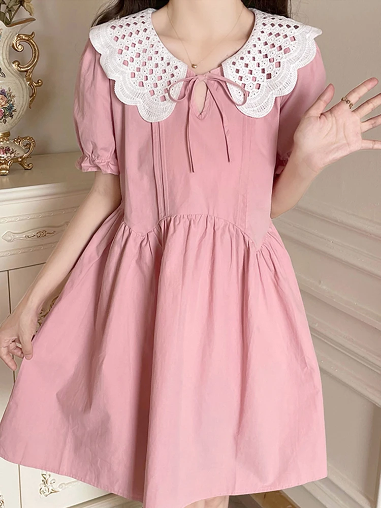 

Summer Mori Girl Style Solid Color Minimalist Knee-Length Dress Lace Peter Pan Collar Cute Puff Sleeve Loose Retro Dresses