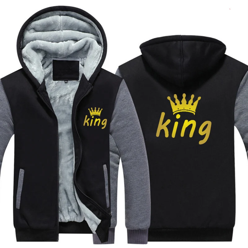 King Printed Men Jacket Patchwork Camouflage Thicken Warm Winter Hooded Fleece Long Sleeve Casual Streetwear Male Cardigan Coat