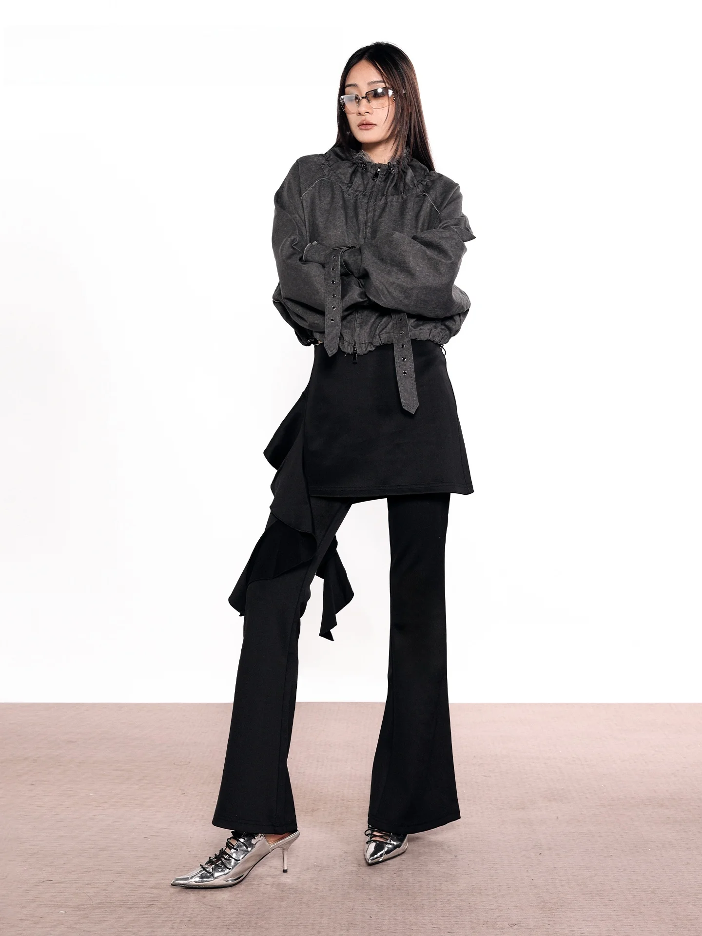 

Black Cotton Flared Casual Pants Asymmetric Design Commute Dark Style Pleated Slimming Long Trousers for Women