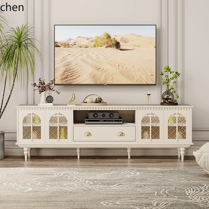 

HXL Cream Wind TV Cabinet Living Room Glass Door Sensor Light Luxury Wind Solid Wood Floor Cabinet