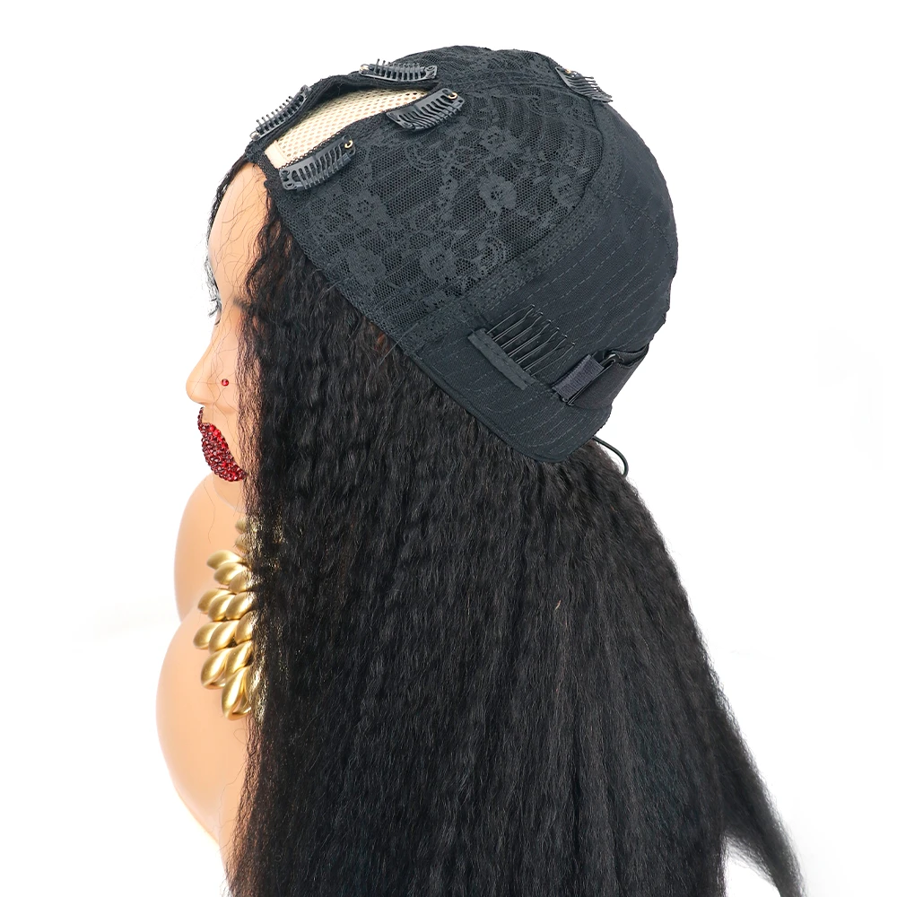 Perruque en cheveux humains raides et bouclés en V de 32 pouces, densité 200, sans colle, prête à porter, sans besoin de laisser de cheveux de côté, perruque naturelle Yaki raide pour femmes noires