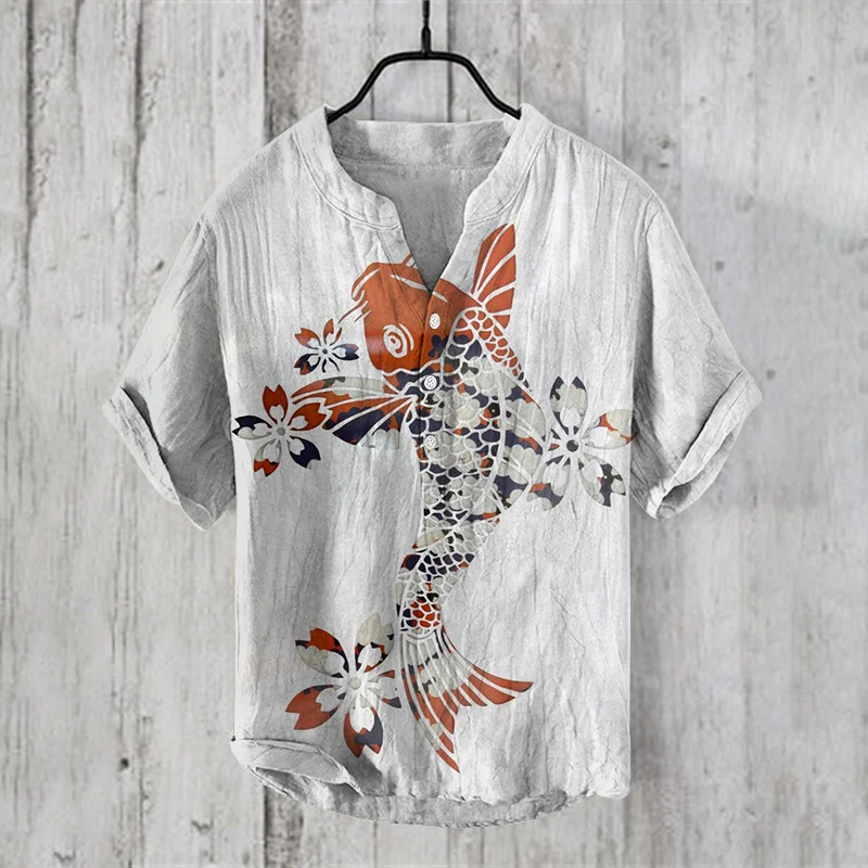 New style ink cherry blossom carp 3D print stand collar short sleeve shirt foreign trade fashion casual loose bamboo linen shirt