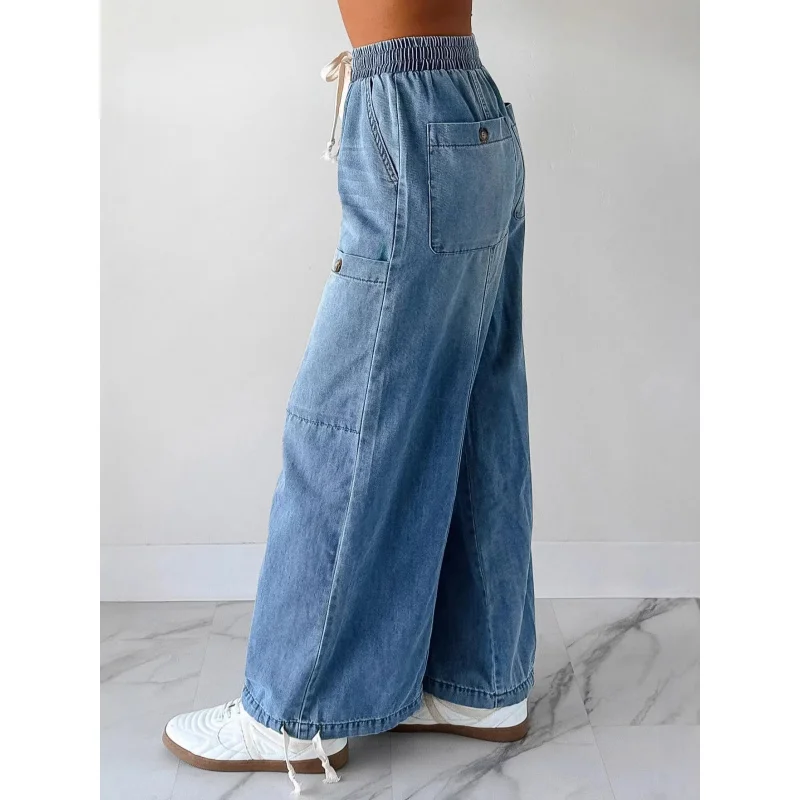 Spring 2026 High-Waisted Straight-Leg Casual Women's Denim Pants Drawstring Loose Fit Comfortable Stylish Jeans