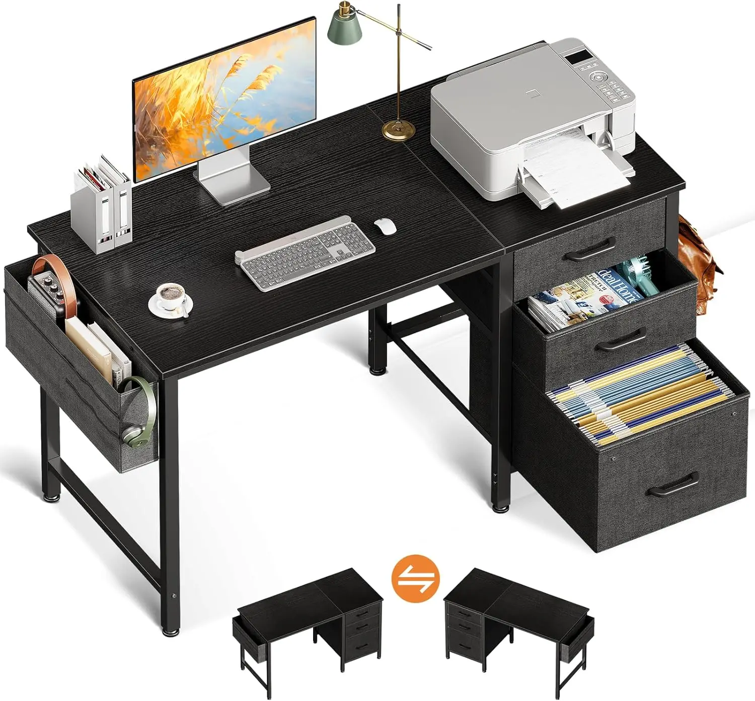 

40-Inch Small Computer Desk With Fabric Drawers & File Cabinet, Home Office Desk With Cloth Storage Bag And Hook, Writing Study