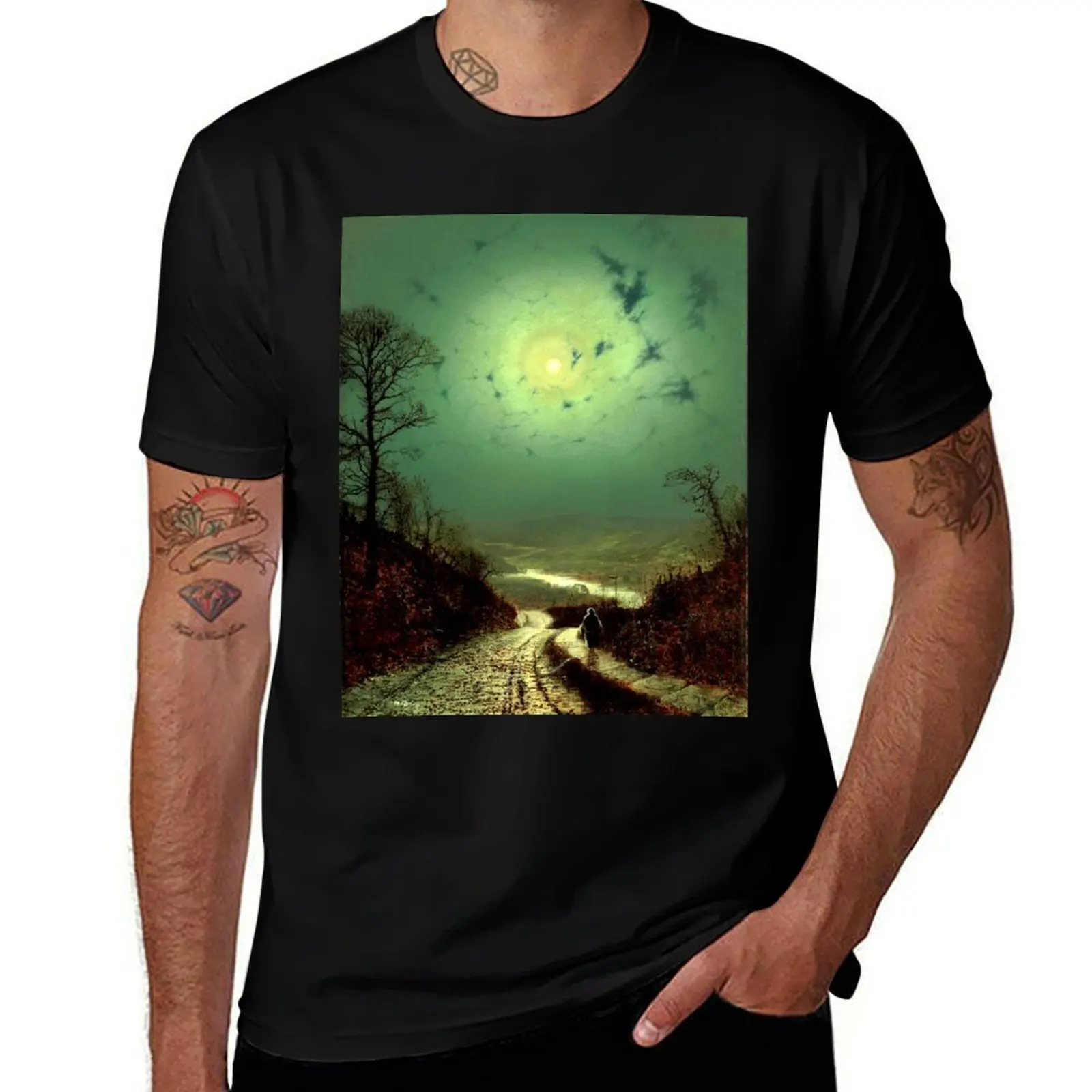 

A Wet Road by Moonlight, Wharfedale - John Atkinson Grimshaw T-Shirt sweat Funny t-shirts slim fit t shirts for men