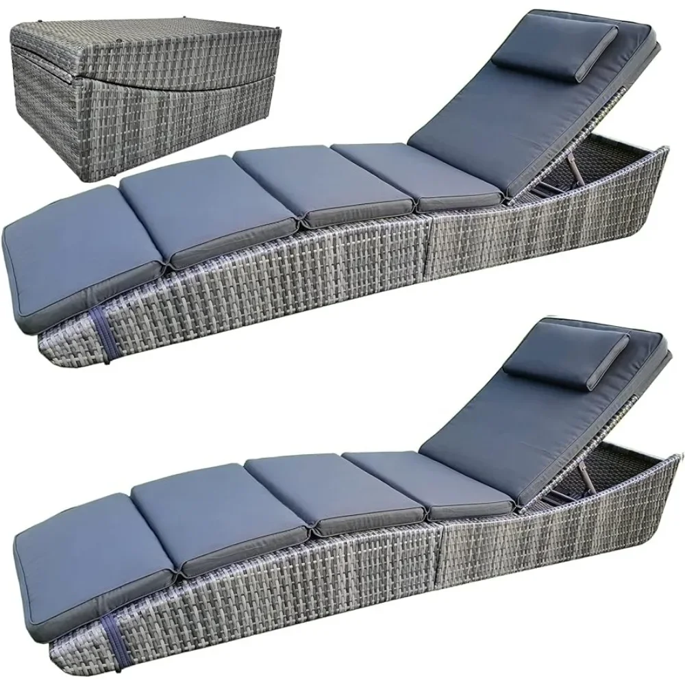 Folding Wicker Rattan Sun Bed Patio Couch Reclining Lounger Adjustable Padded Backrest Pillow Assembled Freight free