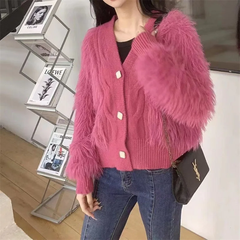 Cardigan Imitation Mink Velvet Knitted Autumn and Winter New Loose Solid V-neck Sweater Women Coat