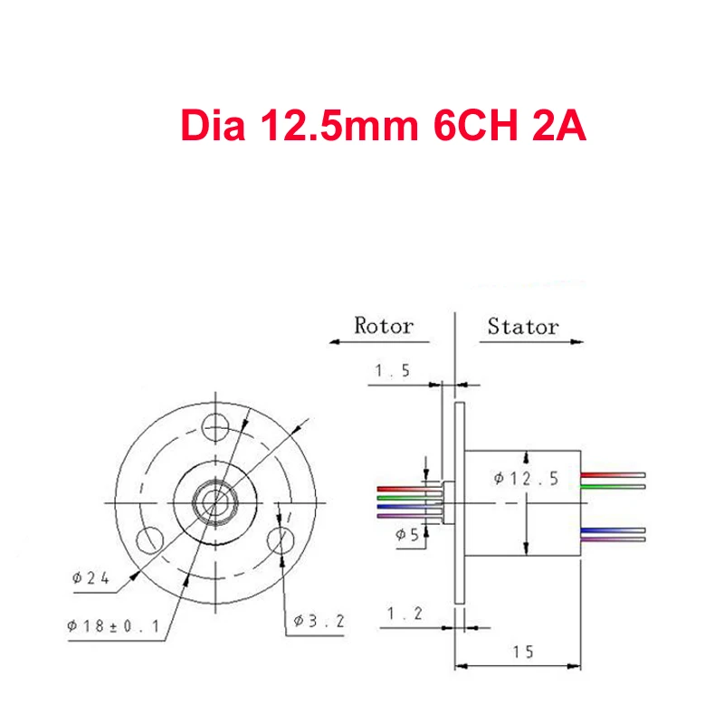 Anel condutor de cápsula giratória, anel deslizante com 6 fios para coleta de conector elétrico para robótico, monitor dia.12,5mm, 6ch, 250rpm