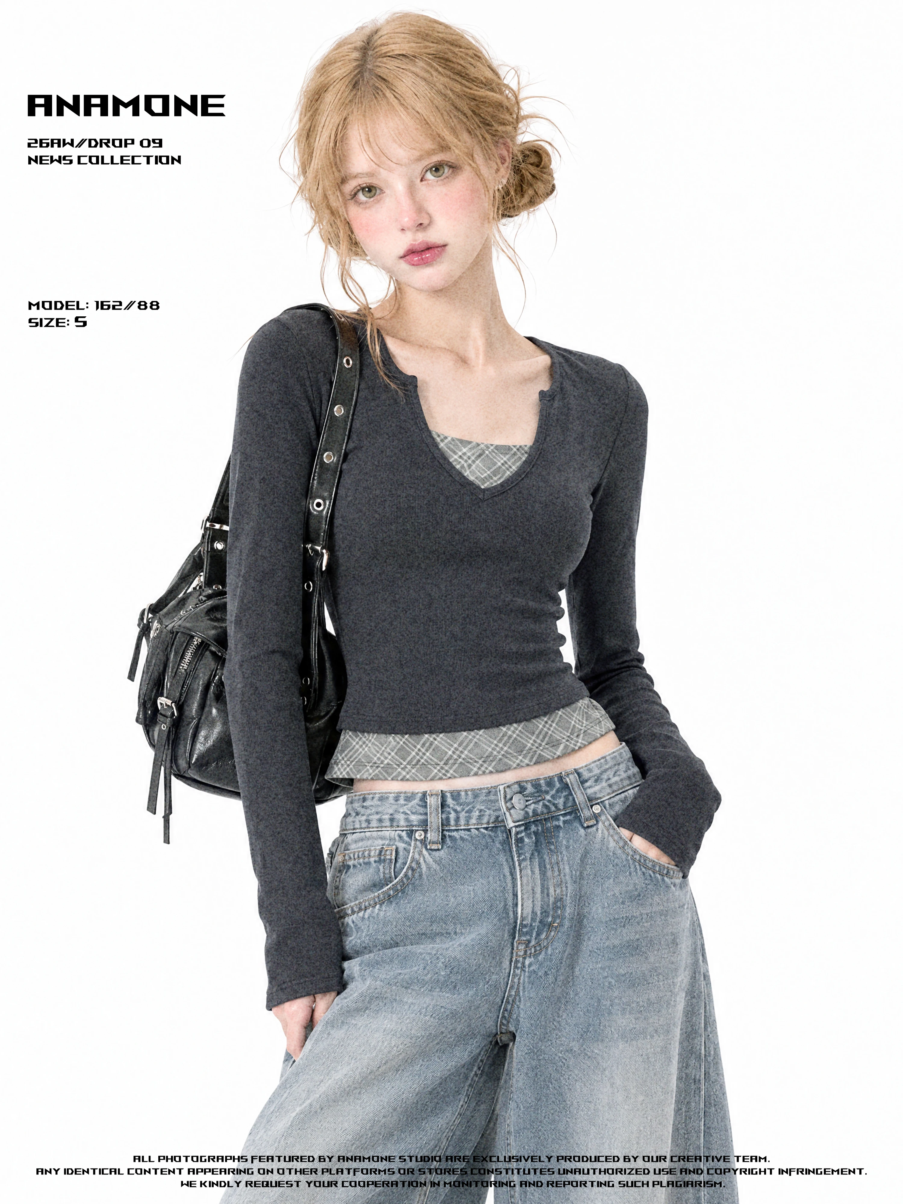 ANAMONE Women's Slim Fit Long Sleeve T-Shirt Checkered Pattern Shoulder Width Regular Style Short Length Autumn Fashion Design