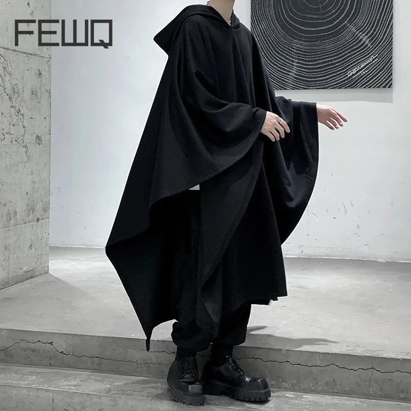 FEWQ Winter Darkwear Cloak Windcoat Hooded Personalized Male 2024 Solid Color Darkwear Casual Male Tops Fashion 24E5122