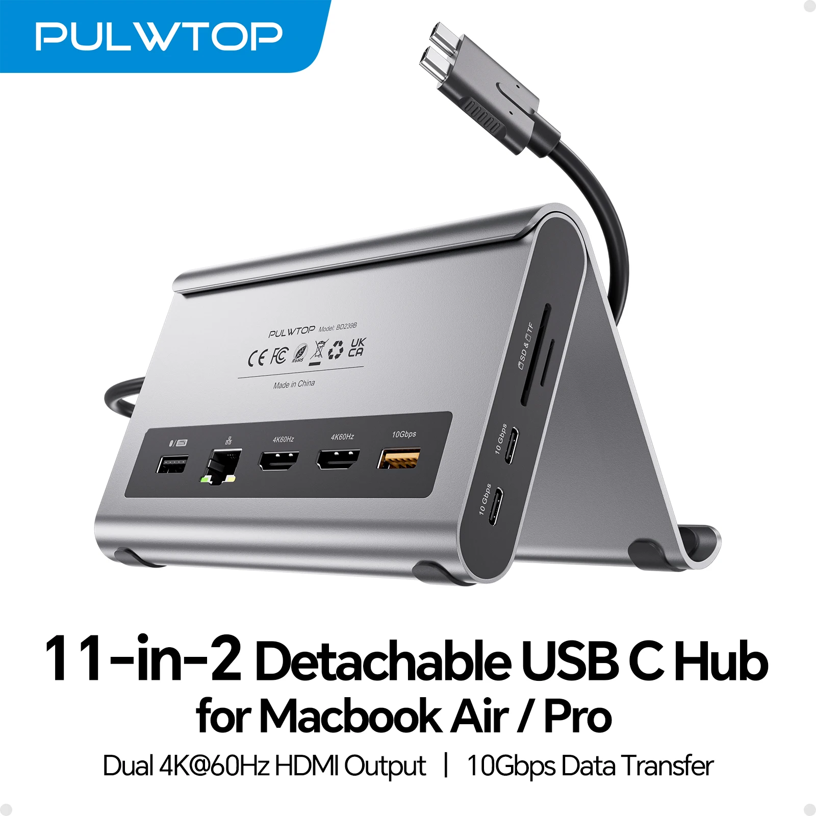 

PULWTOP USB C Docking Station Stand Laptop Dock with 2 HDMI, PD, Ethernet, USB A/C 10Gbps, Audio, SD/TF, USB 2.0