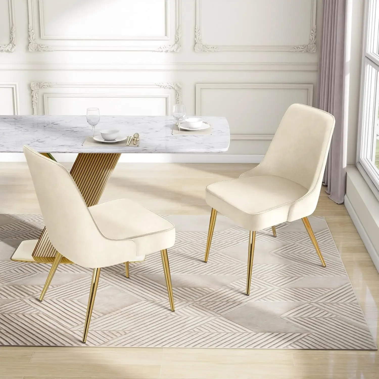 Dining Chairs Sets of 6 Upholstered Mid-Century Modern Desk Comfy Side Chair with Gold Legs for Kitchen Living Room Cream