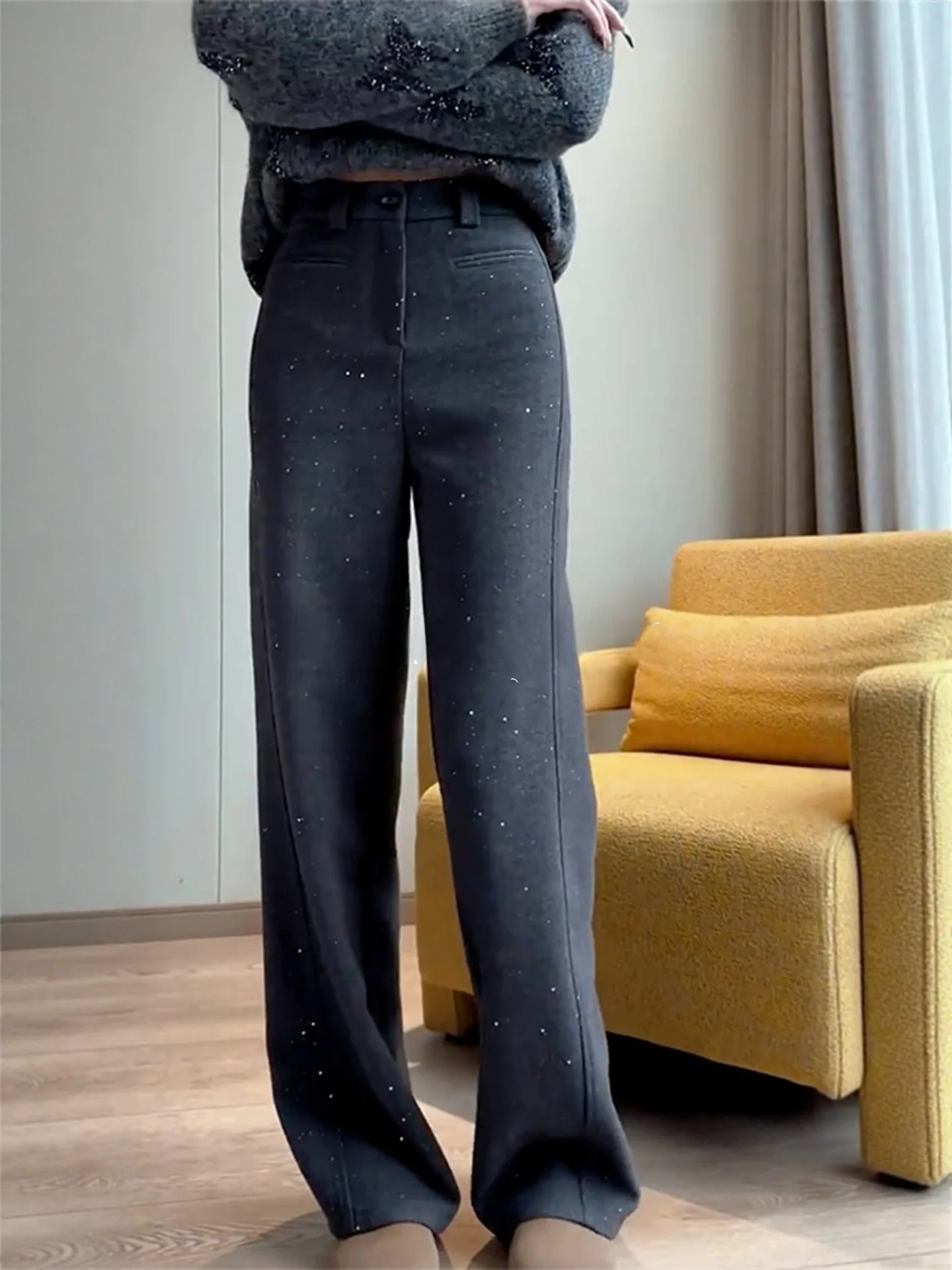 

ROUJE KEFSS Glitter Woolen Straight Leg Pants Women's Casual Simple lectual Commuter Versatile Autumn Winter Pants