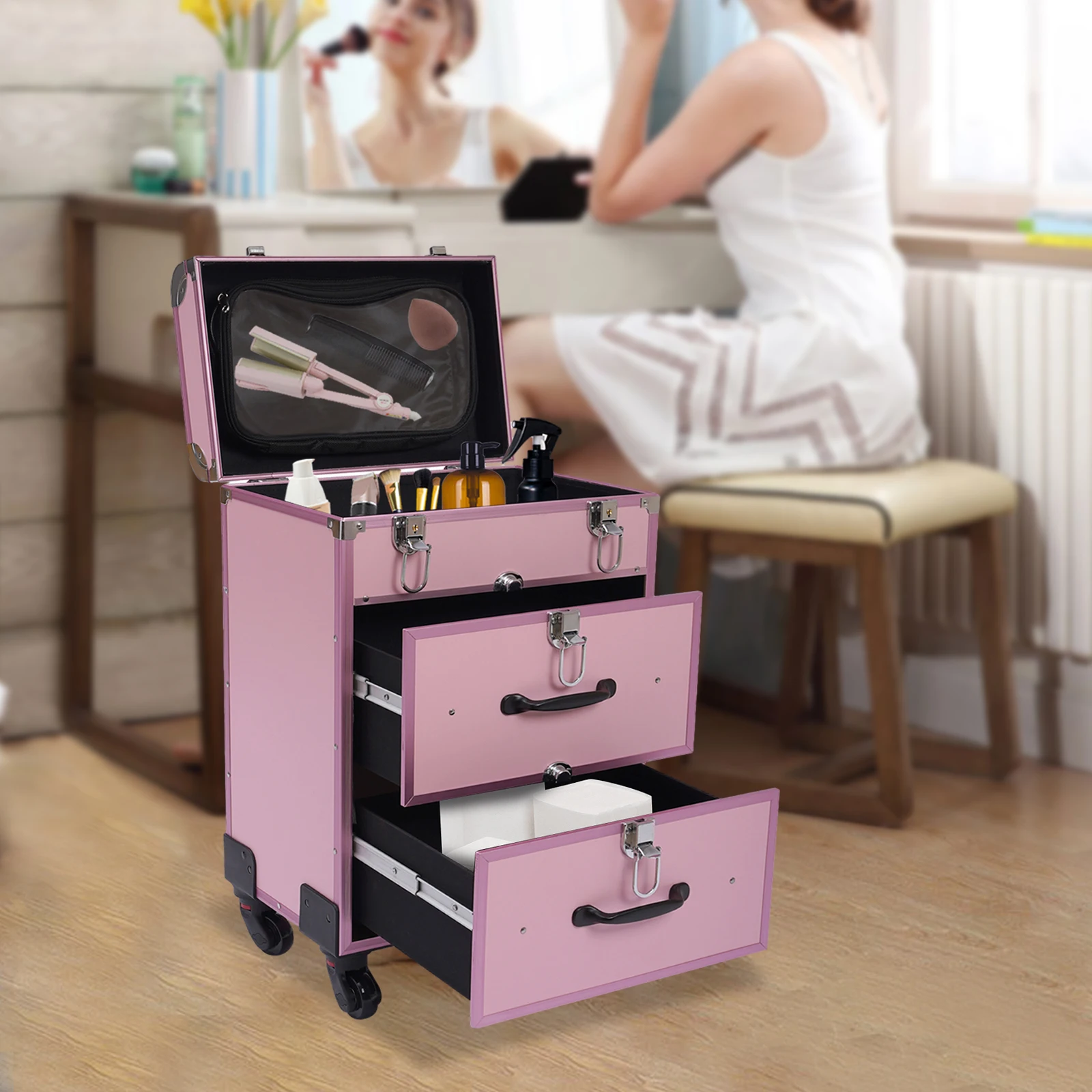 

3-Tier Professional Rolling Makeup Case Large Cosmetic Trolley W/Locks For Nail Art Hair Styling Travel Storage Pink/Black