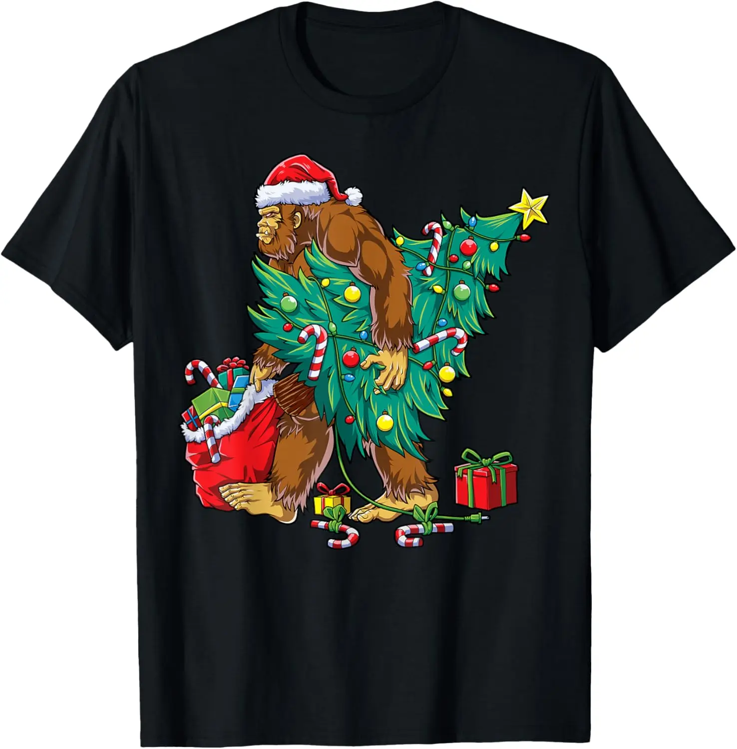 

Bigfoot Christmas Tree Lights Xmas Boys Men Sasquatch Lovers T-Shirt