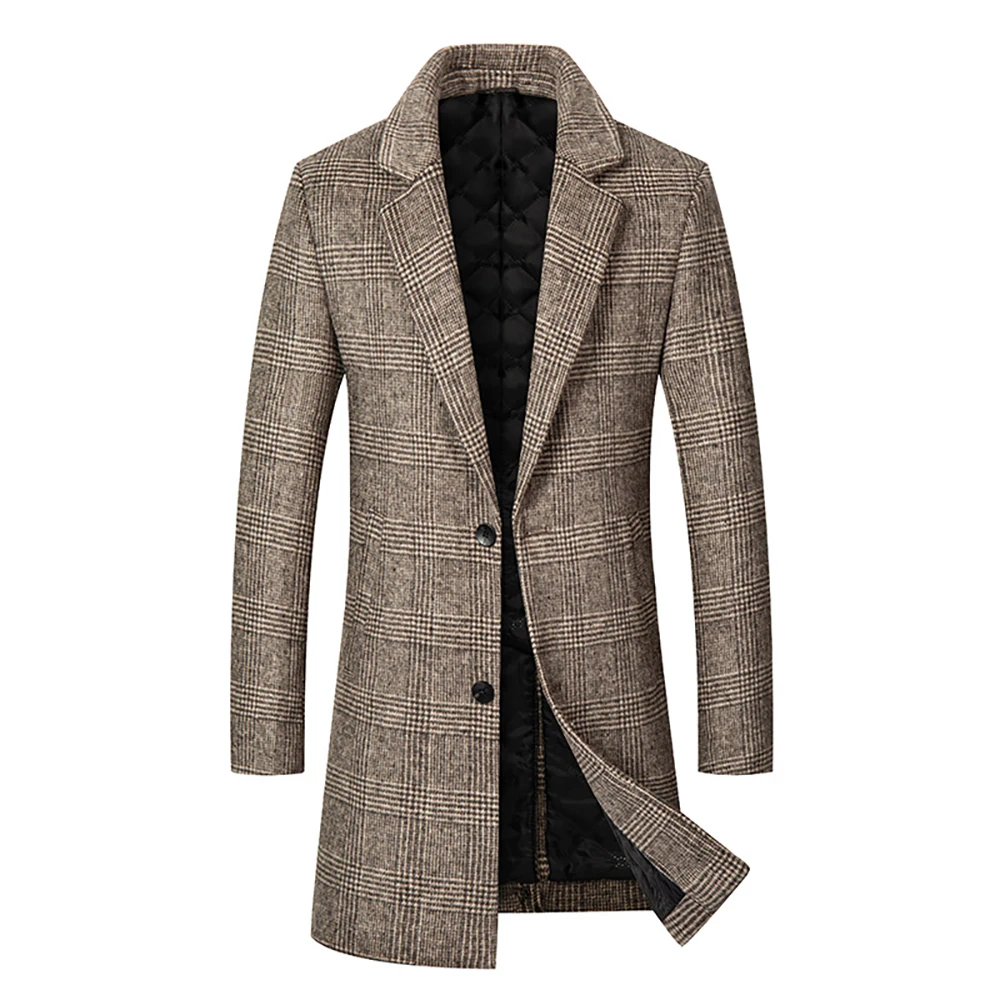 Autumn and winter cross-border thick checkered men's jacket medium long with cotton men's jacket lapel men's coat