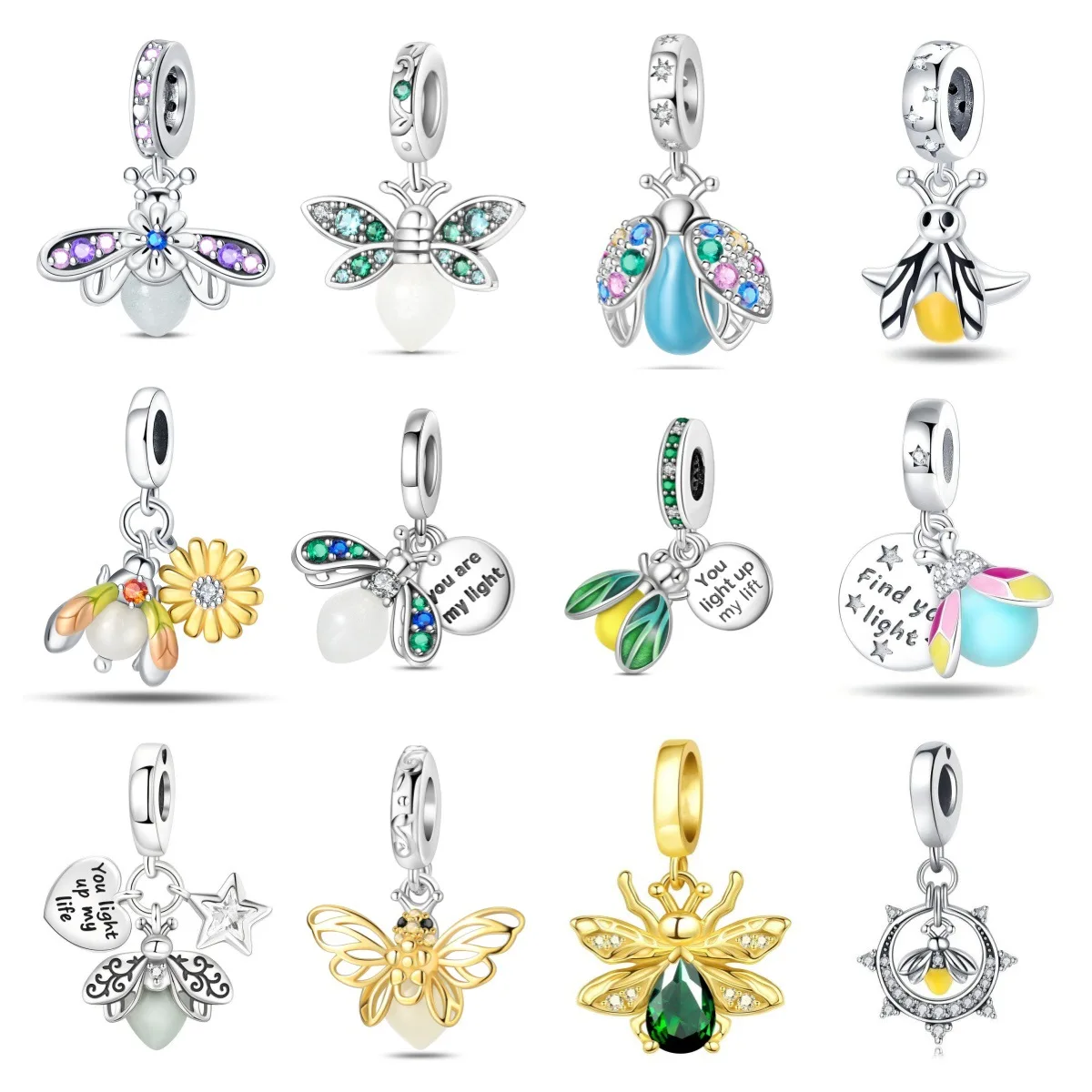 Abalorios Colgantes de Luciérnaga Plateada con Alas Multicolor y Cuerpo de Esmalte Azul, Compatibles con Pulseras Originales y Llaveros de Bolso